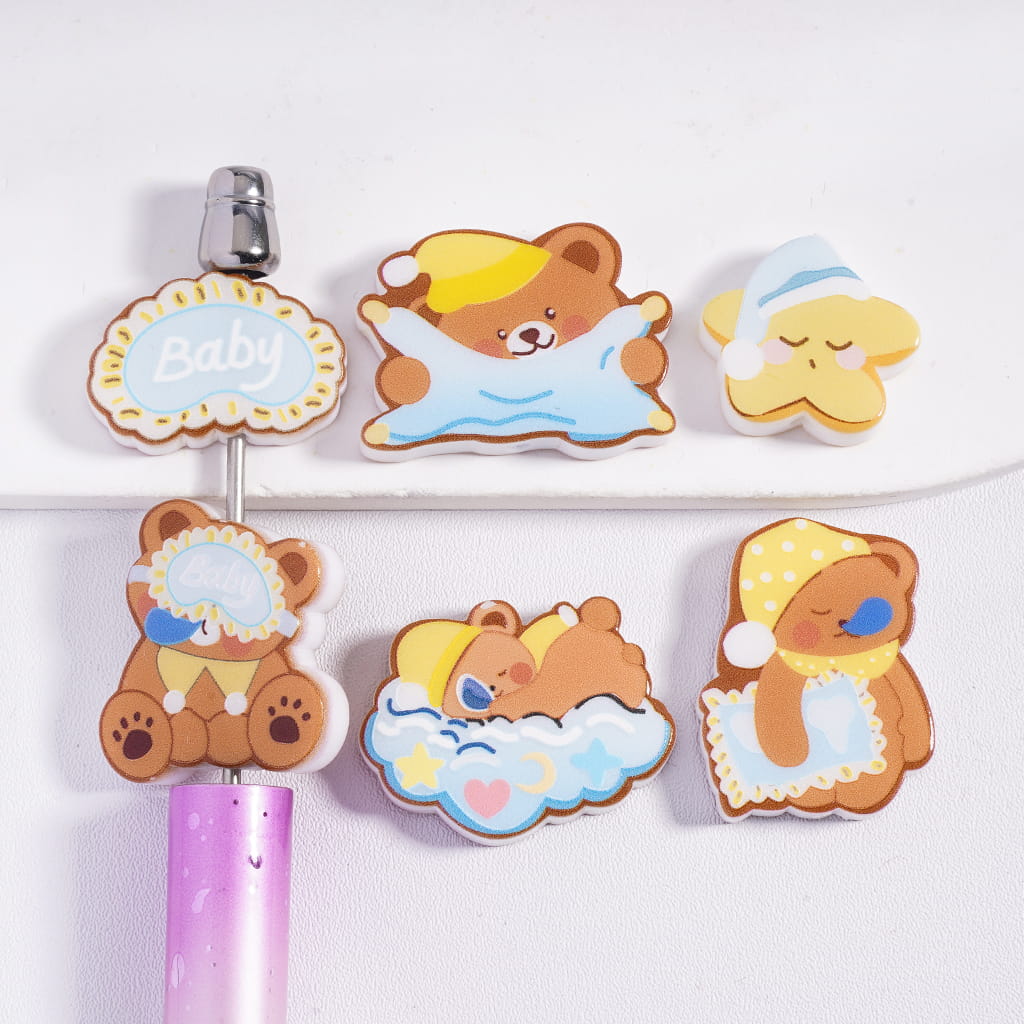 Baby Bear Sleep Series Print in Different Shape & Design Multi-Color, Acrylic Beads Random Mix