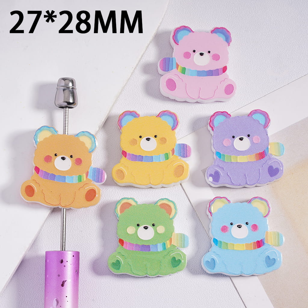 Cute Sitting Bear with Rainbow Scarf Acrylic Beads 27*28MM, Random Mix