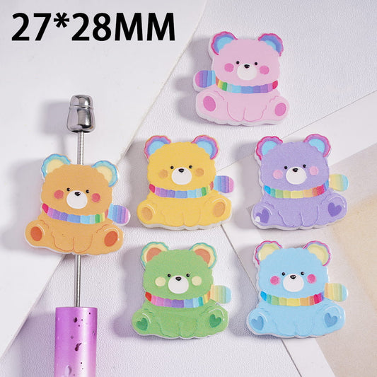 Cute Sitting Bear with Rainbow Scarf Acrylic Beads 27*28MM, Random Mix