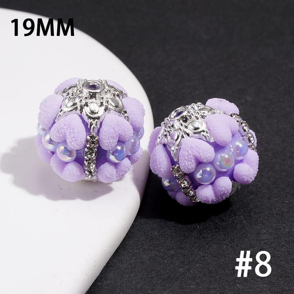 Hand-Made Acrylic Beads with Frosted Heart, Half-Pearls, Silver Metal Flower Cap & Rhinestone Chain, 19MM, Various Colors