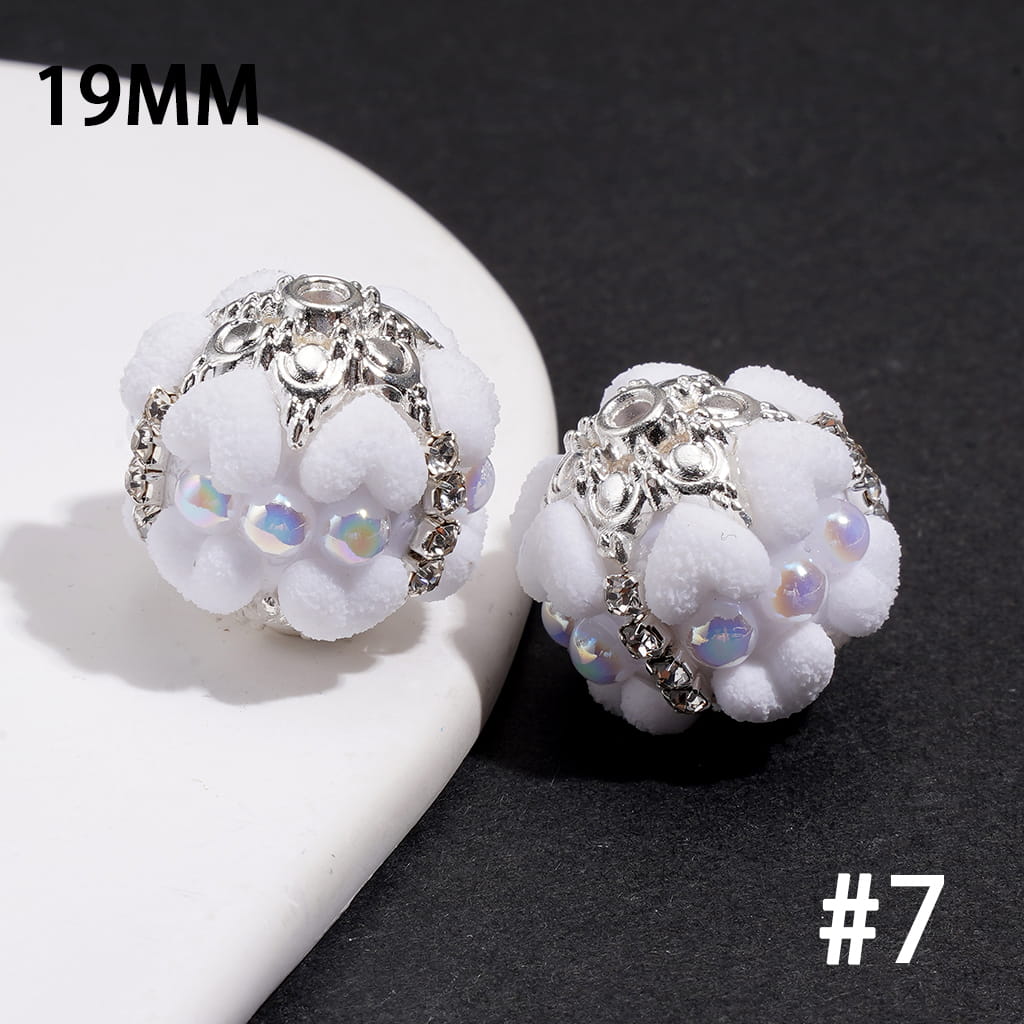 Hand-Made Acrylic Beads with Frosted Heart, Half-Pearls, Silver Metal Flower Cap & Rhinestone Chain, 19MM, Various Colors