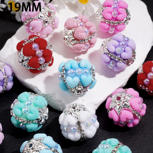 Frosted Hearts, Half-Pearls, Silver Metal Caps & Rhinestone Chain, Hand-Made Round Acrylic Beads 19MM, Random Mix