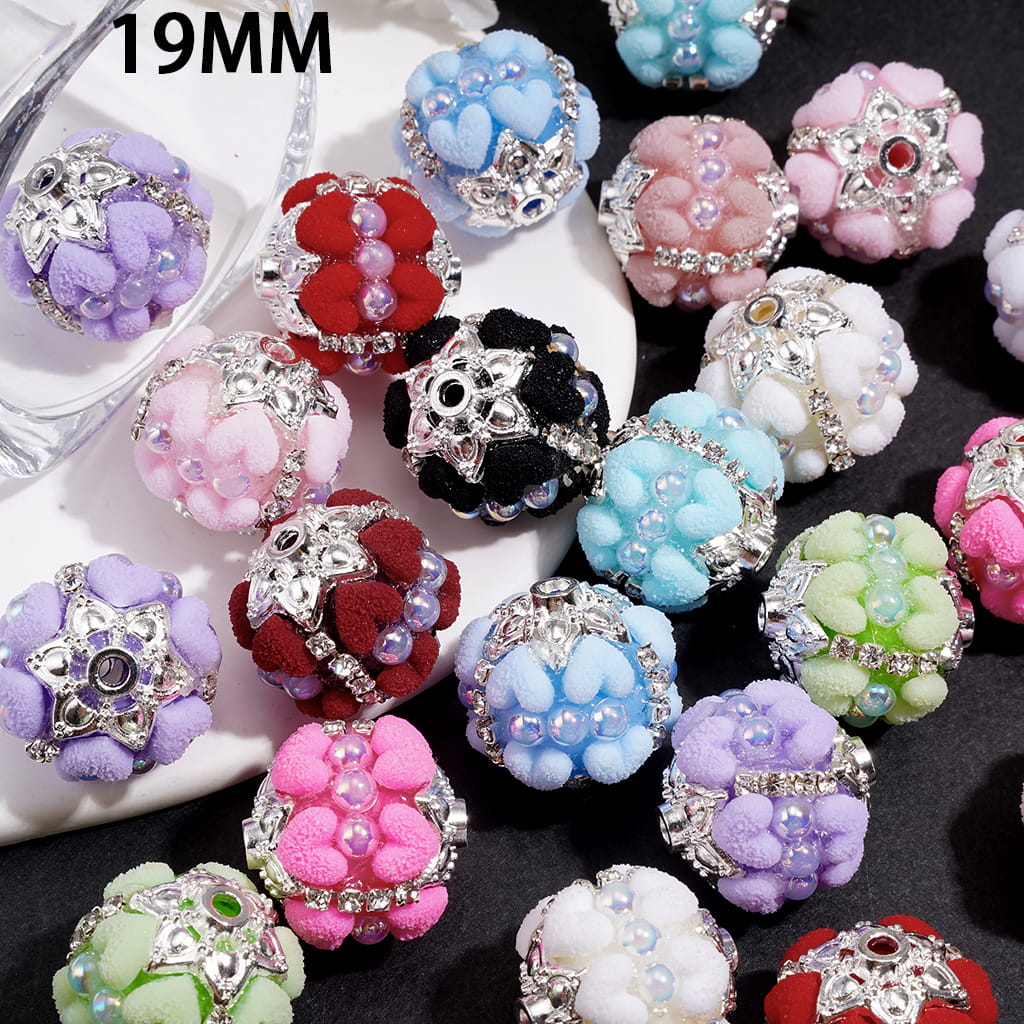 Hand-Made Acrylic Beads with Frosted Heart, Half-Pearls, Silver Metal Flower Cap & Rhinestone Chain, 19MM, Various Colors