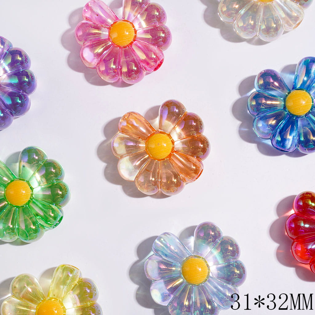 UV Coating Clear Daisy Flower Acrylic Beads, 31*32MM, Big Hole Beads, Multi-Color, Random Mix (The Bead Hole Diameter is Around 5MM)