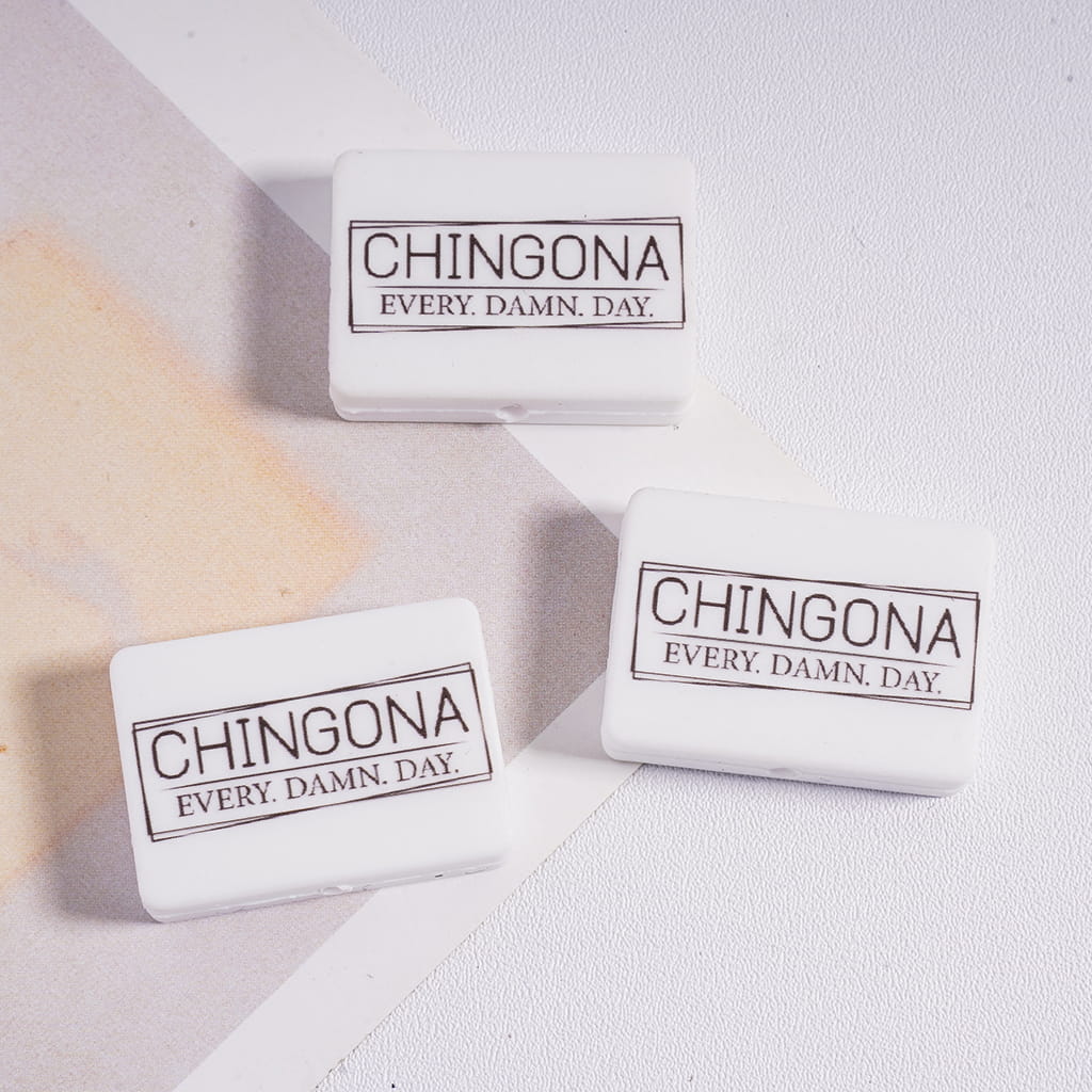 White Flat Rectangle Shape Silicone Focal Beads with Text "CHINGONA EVERY. DAMA. DAY."