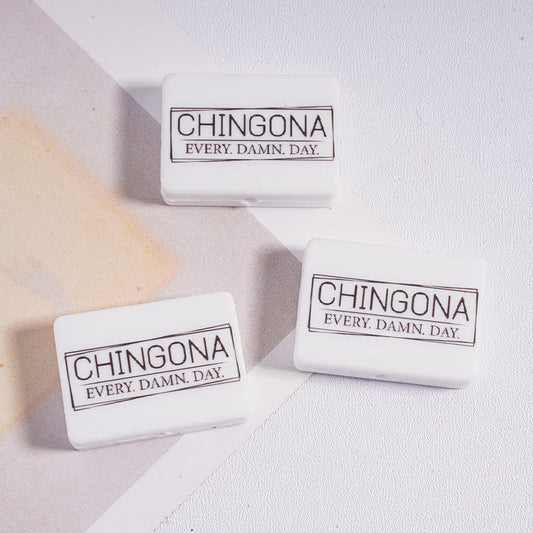 White Flat Rectangle Shape Silicone Focal Beads with Text "CHINGONA EVERY. DAMA. DAY."