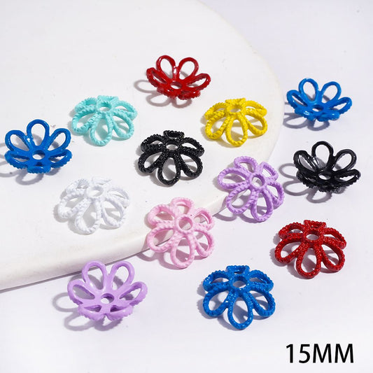 Hollow Flower Design Alloy Bead Cap Cages, 15MM, Assorted Colors, Random Mix, (They Fit 12MM Beads)