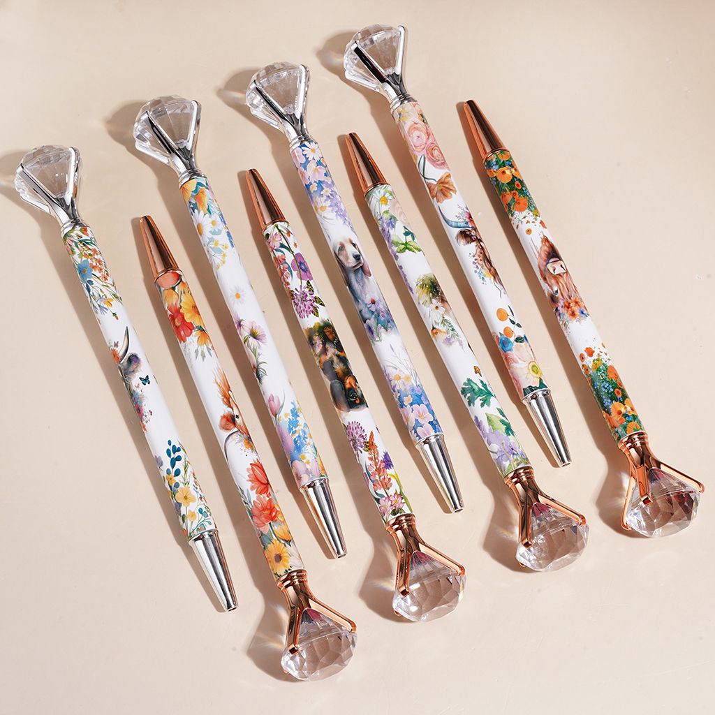 Clear Large Diamond Topped Beadable Pens with Highland Cattle Dog Flower Prints, Silver and Rose Gold, Random Mix