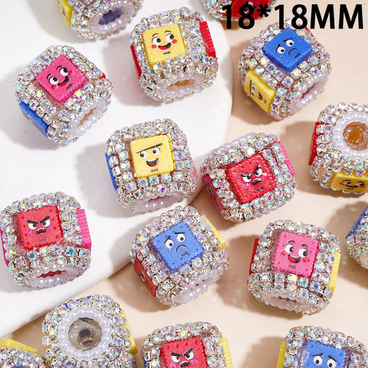 Cute Cartoon Face Emoji Expression with AB Rhinestone Chin Cube Square Shape, Hand-Made Acrylic Beads 18*18MM, Random Mix