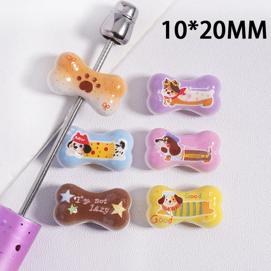 Bone Charm on Multi-Color, Dog Print Acrylic Beads 10*20MM, Random Mix