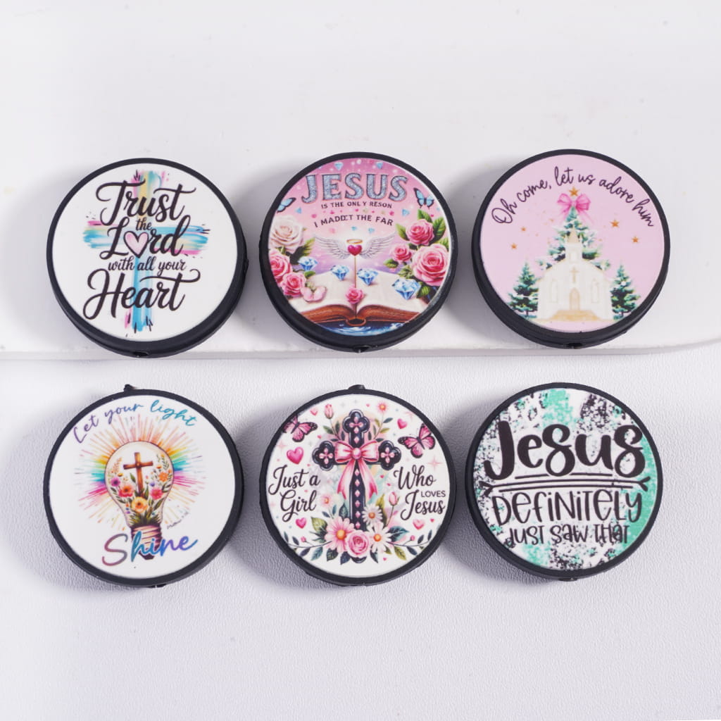 Religion Christianity Jesus Series Print on Flat Round Shape Silicone Focal Beads Random Mix