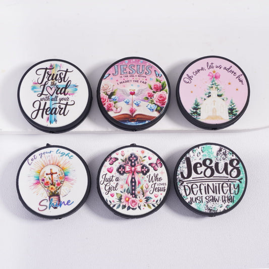 Religion Christianity Jesus Series Print on Flat Round Shape Silicone Focal Beads Random Mix
