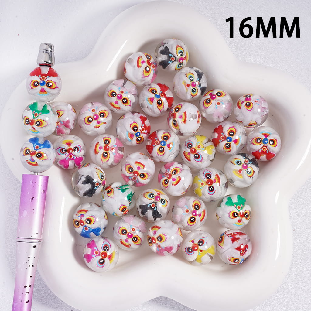 Cute Lion Head Series Embedded Inside Bead, Translucent Round Acrylic Beads for Bracelets 16MM, Random Mix