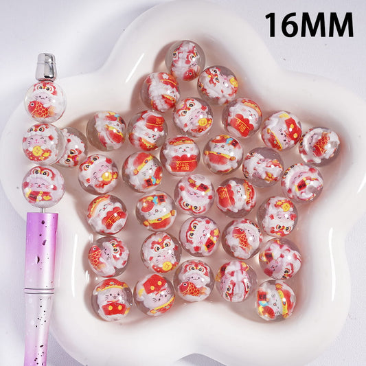 Two Cute Fortune-Beckoning Cat Series Print Semi-Clear Round Acrylic Beads for Bracelets 16MM, Random Mix