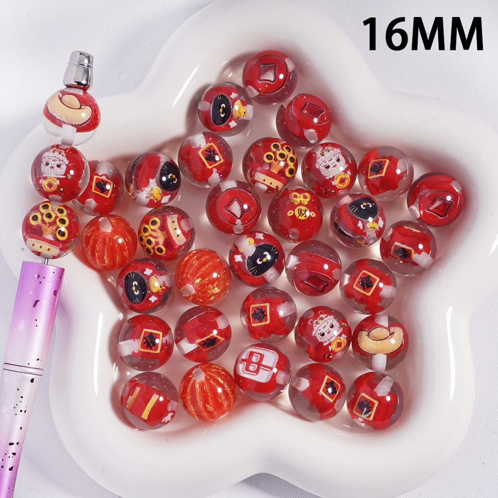 Chinese New Year Red Fortune Series Print Round Acrylic Beads for Bracelets 16MM, Random Mix