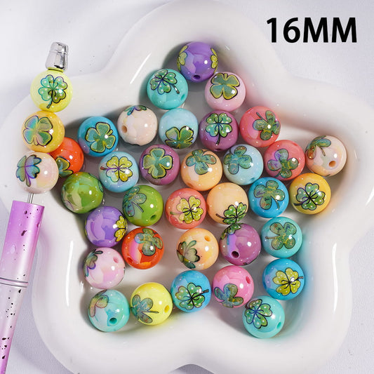 UV Coating Four‑Leaf Clover St. Patrick’s Day Round Acrylic Beads for Bracelets 16mm, Random Mix