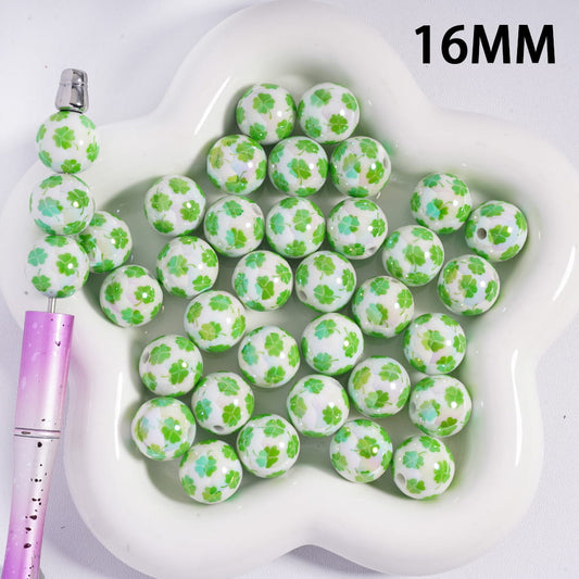 Four Leaf Clover St. Patrick's Day, Round Shape Acrylic Beads for Bracelets 16MM