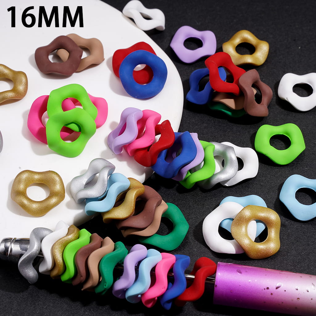 Stackable Acrylic Spacer Beads w Rubber-Touch Wavy Shape, 16MM, Multi-Color (Hole Diameter Around 6.5MM)