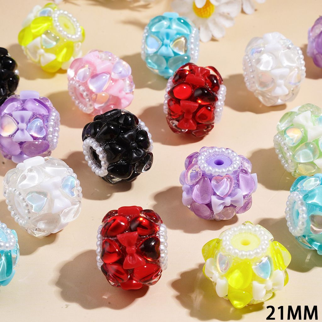 Handmade Acrylic Beads with Bowtie Heart and Water Drop Shape Rhinestone, White Pearl Chains, 21MM Multi-Color Random Mix
