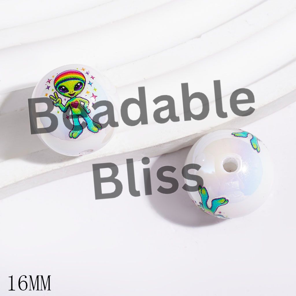 Green Alien Making Funny Gesture UV-Coated Acrylic Beads for Bracelets, 16MM