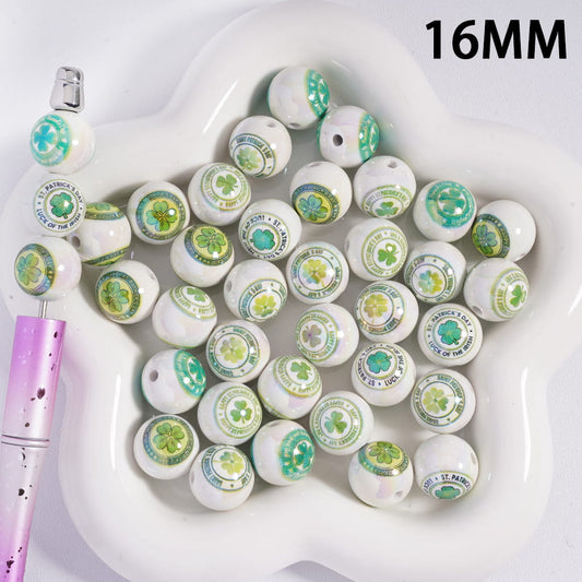 UV Coated Four‑Leaf Clover Patrick's Day Round Shape Acrylic Beads for Bracelets 16MM Random Mix