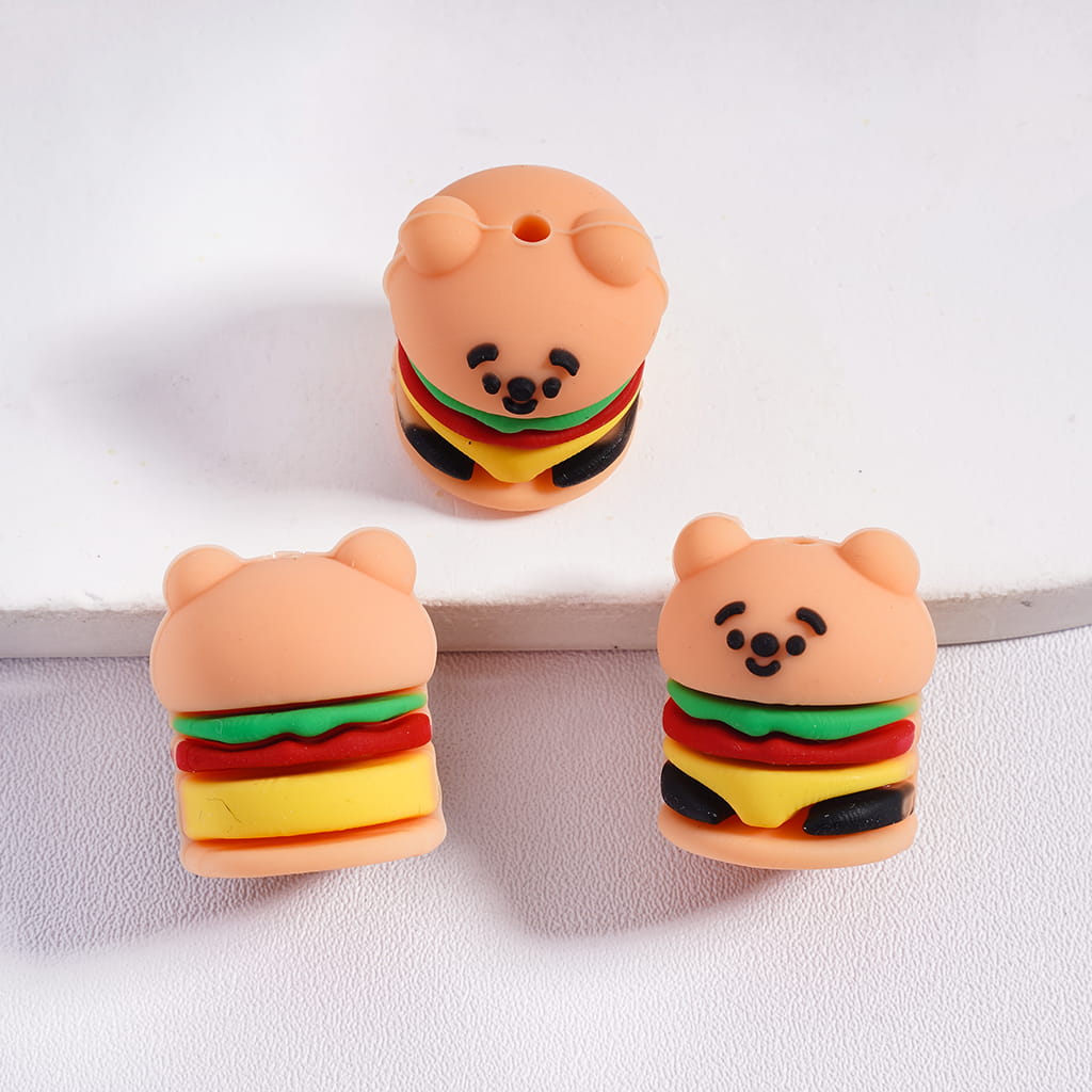 3D Hamburger Shaped Cute Bear with Smiling Expression Silicone Focal Beads