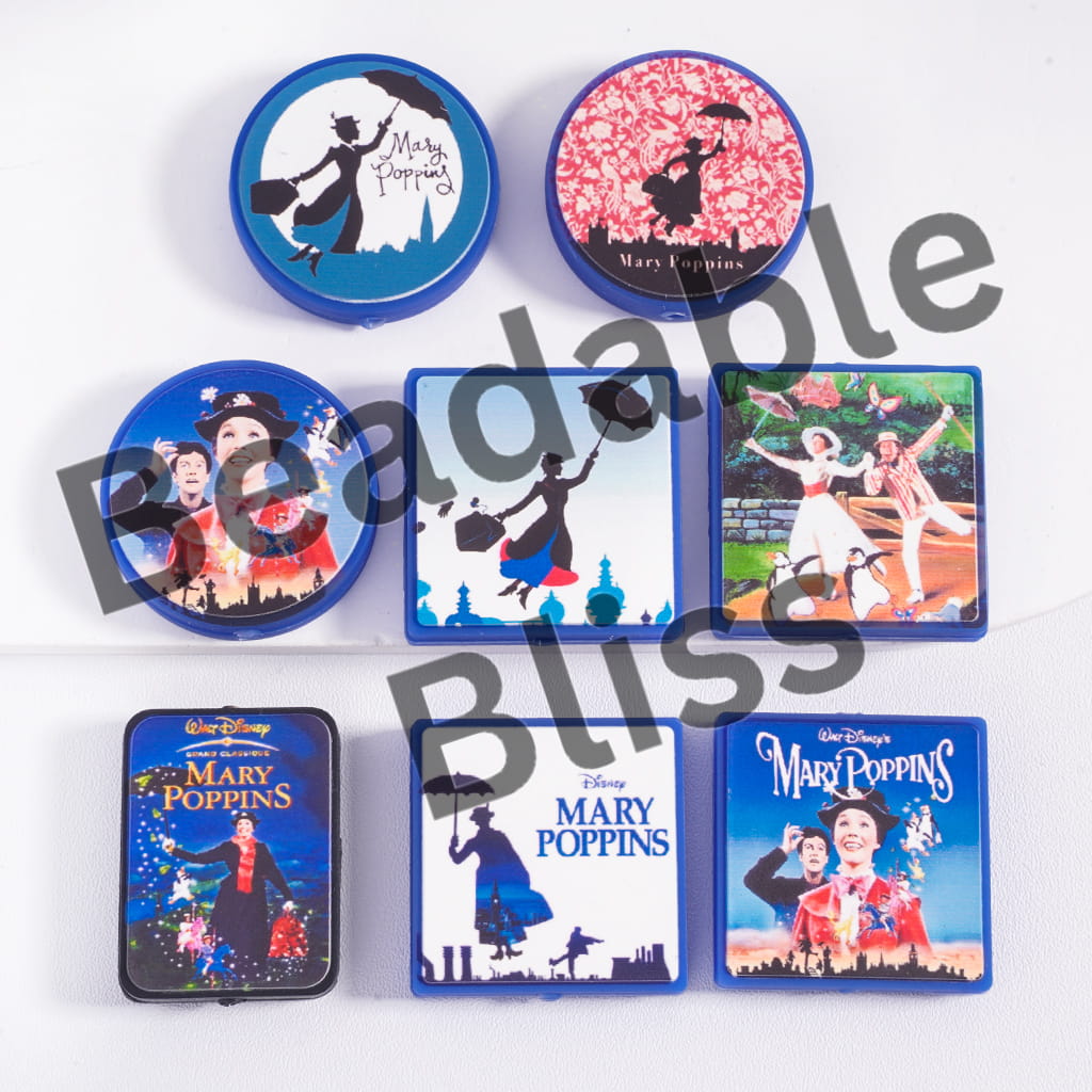 Set of 'Mary Poppins' themed coasters on a white background