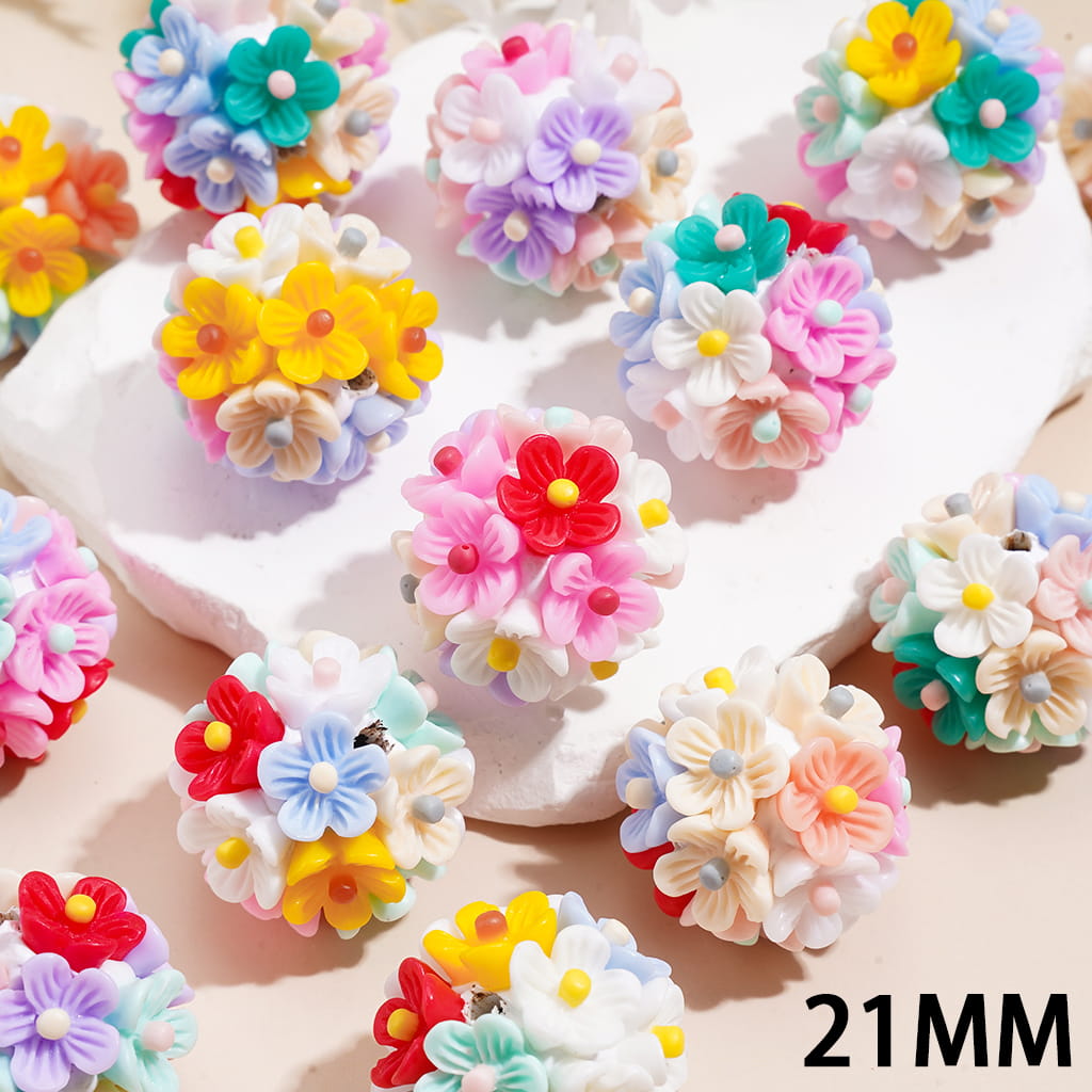 Clay Beads with Colorful Five-Petal Flower and Stamen Design, 21MM, Multi-Color Random Mix