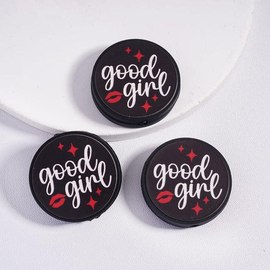 Flat Round Shape Silicone Focal Beads with White Text "good girl" and Red Star Lip,