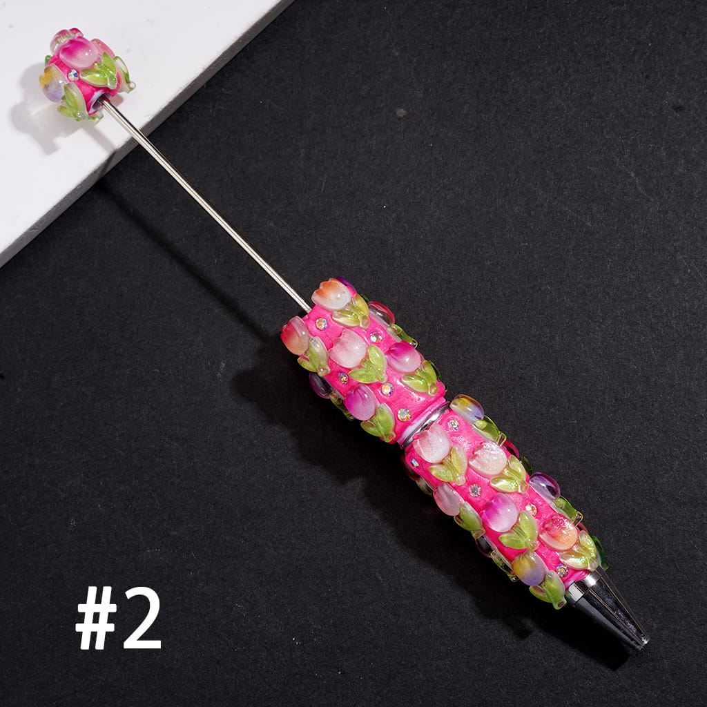Fluorescent Clay Beadable Pen with Tulip Flower & Leaves, AB Rhinestones, Multi-Color