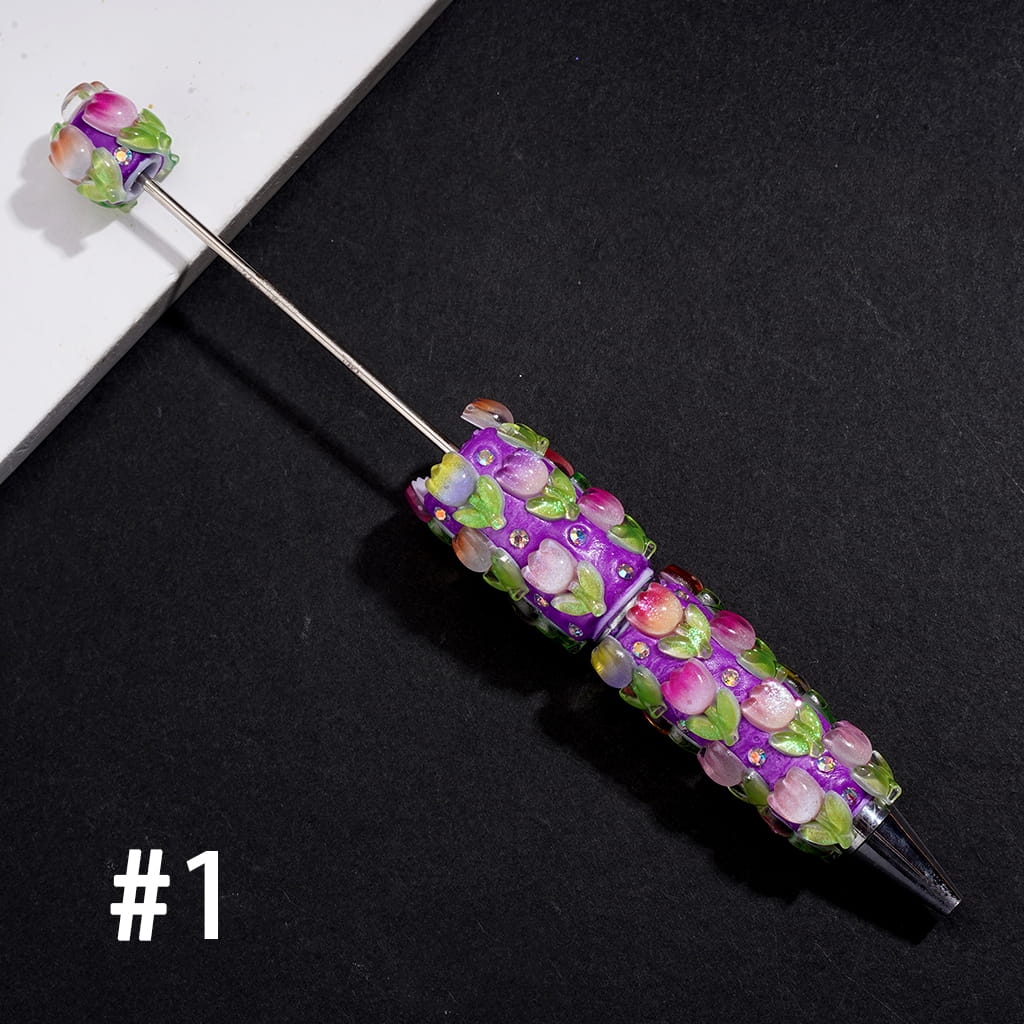 Fluorescent Clay Beadable Pen with Tulip Flower & Leaves, AB Rhinestones, Multi-Color