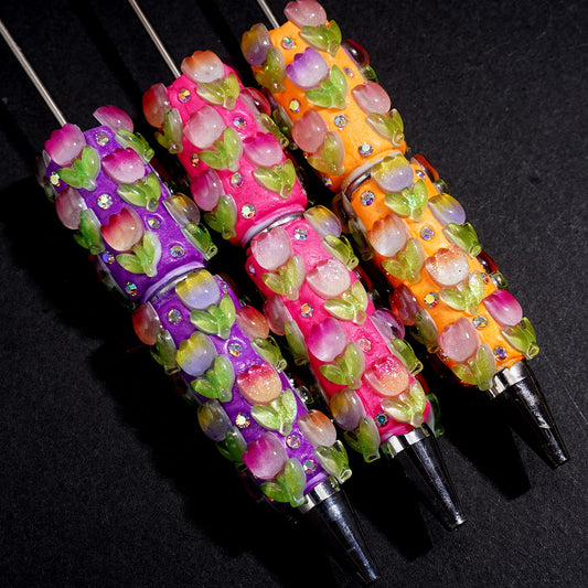 Vibrant Neon Tulip Flower with Green Leaf & Sparkling AB Rhinestones Clay Beadable Pen, Multi-Color