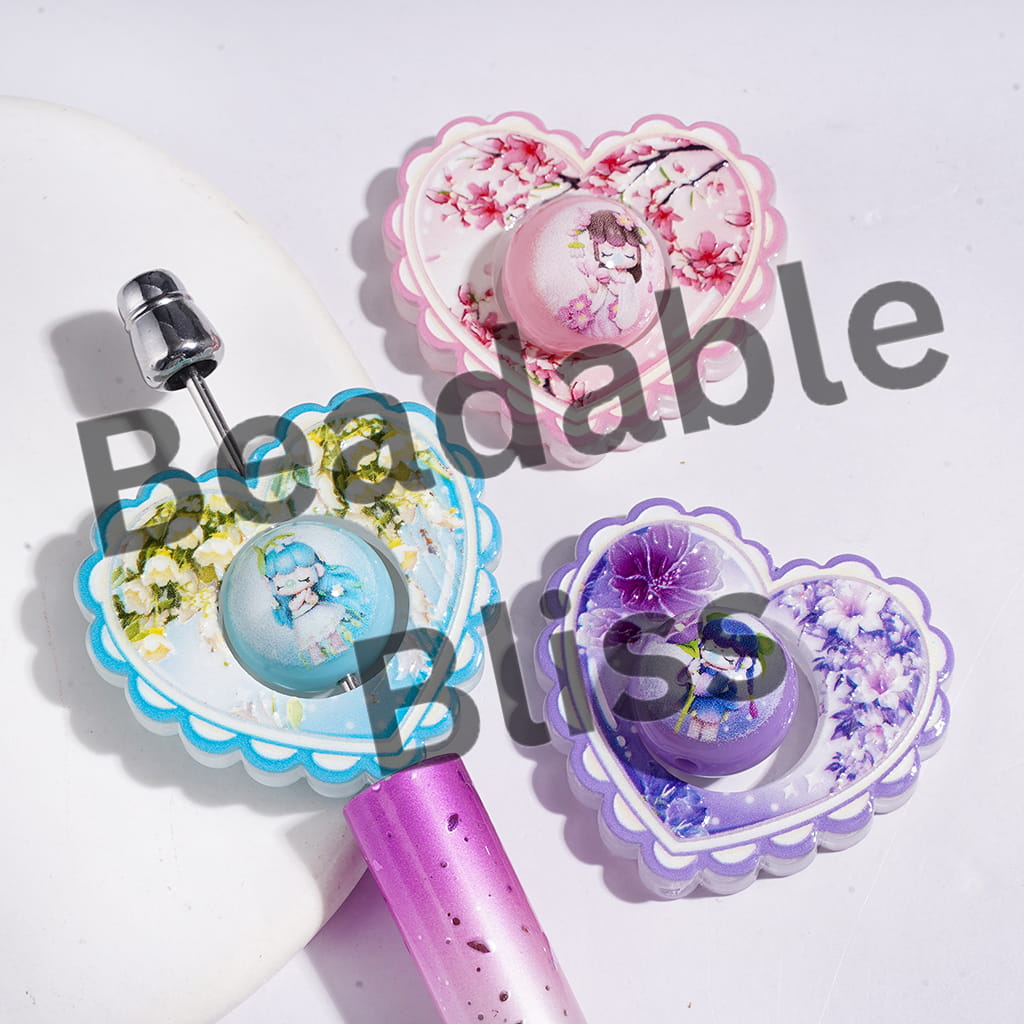 Acrylic Beads Collection Set, Blowing Bubble Girl Printed Round Beads and Hollowed Heart with Flower Pattern, Various Colors, Random Mix (Please Read Description)
