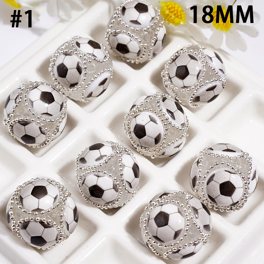 Hand-Made Acrylic Beads with Raised Sports Ball Design & Silver Metal Chain Design, 18MM, Assorted Style