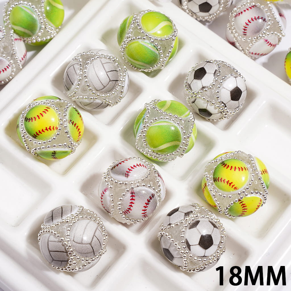 Hand-Made Acrylic Beads with Raised Sports Ball Design & Silver Metal Chain Design, 18MM, Assorted Style