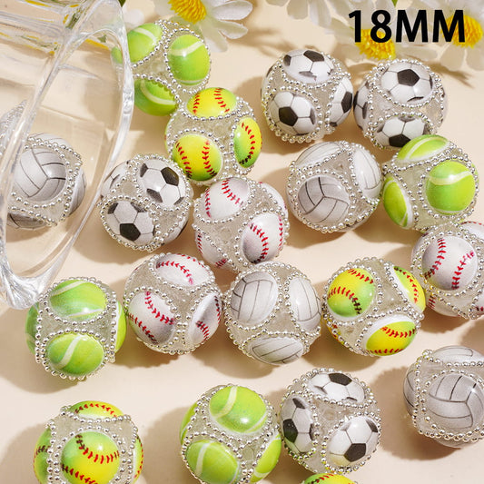 Hand-Made Embossed Sports Ball Design with Silver Metal Chain Textured Acrylic Beads, 18MM, Assorted Styles