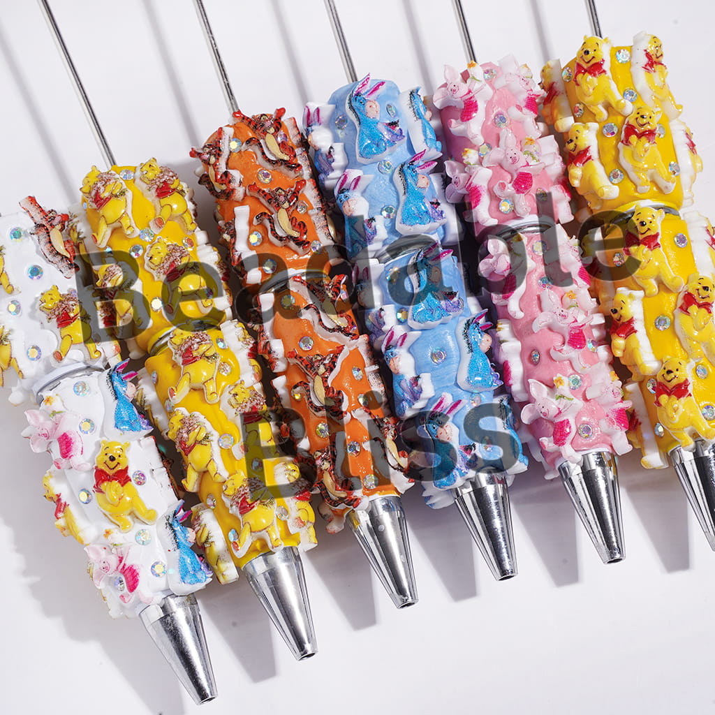 Beadable Clay Pens with Cute Donkey Tiger Bear Pig Character Series and AB Rhinestone, Multi-Color