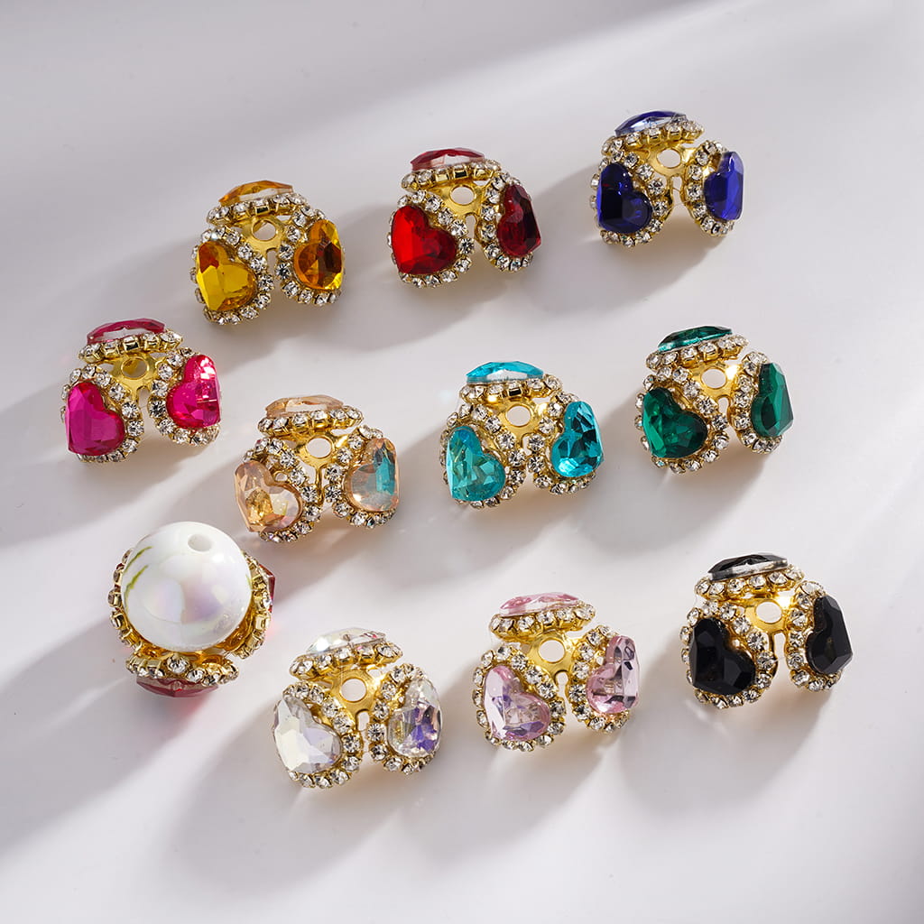 Multi-Color Heart Rhinestone Bead Cages with Clear Chain & Gold Caps Fits 16MM Beads