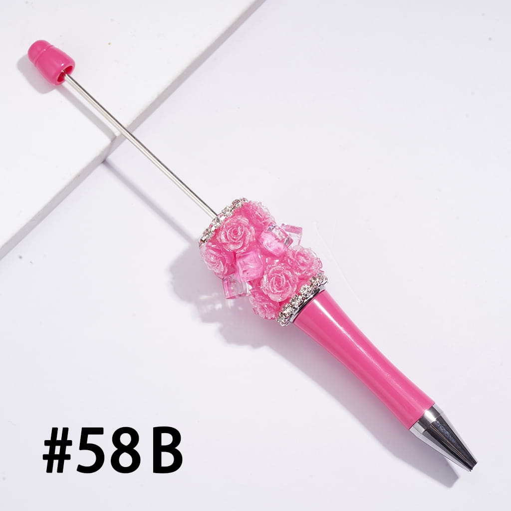 Decorative Beadable Pens w Rose Flower Cluster, Faceted Clear Crystal Cubes & Rhinestone Accents, Multi-Color