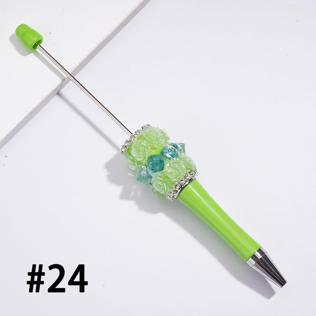 Decorative Beadable Pens w Rose Flower Cluster, Faceted Clear Crystal Cubes & Rhinestone Accents, Multi-Color