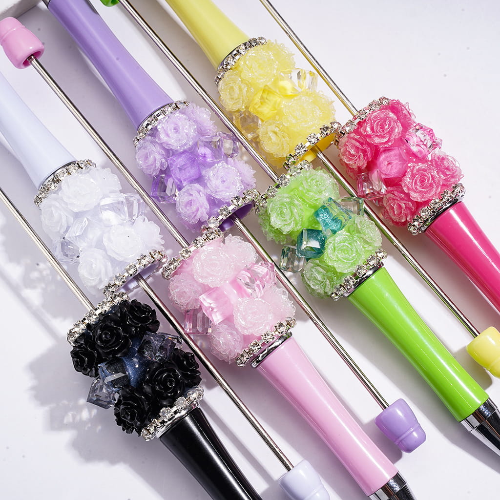 Decorative Beadable Pens w Rose Flower Cluster, Faceted Clear Crystal Cubes & Rhinestone Accents, Multi-Color