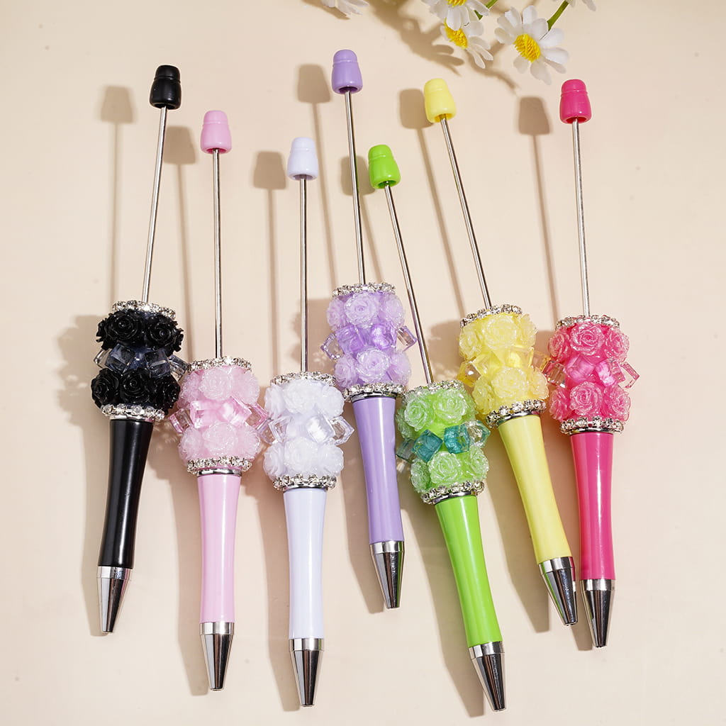 Decorative Beadable Pens w Rose Flower Cluster, Faceted Clear Crystal Cubes & Rhinestone Accents, Multi-Color