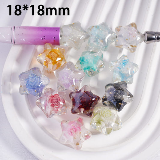 Multicolor Star‑Shaped Acrylic Beads with Embedded Rose Flower & Gold Foil Random Mix