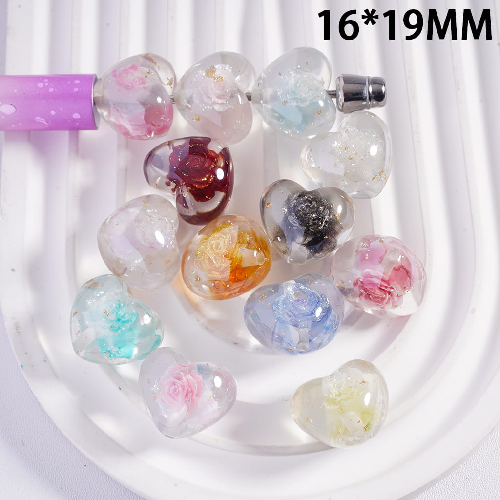 Glittery Heart Shape Acrylic Beads with Embedded Multicolor Rose Flower & Gold Foil Random Mix