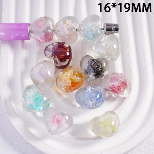 Glittery Heart Shape Acrylic Beads with Embedded Multicolor Rose Flower & Gold Foil Random Mix