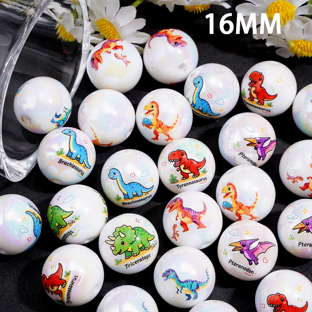 Cute Dinosaur Prints UV Coated Acrylic Beads for Bracelets, 16MM, Random Mix