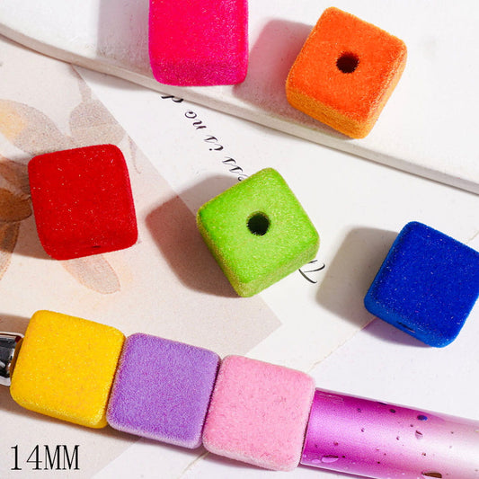 Colorful Square Flocked Fluffy Cube-Shaped Acrylic Beads, 14MM, Multi-Color Random Mix