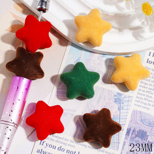 Cute Fluffy Flocked Five-Point Star Soft Plush Finish Acrylic Beads, 23MM, Multi-Color