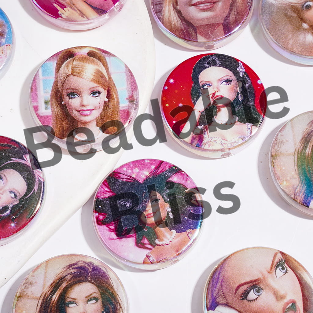 Acrylic Beads UV Coating with Fashion Doll in Various Expression, 31MM, Flat Round Shape, Random Mix