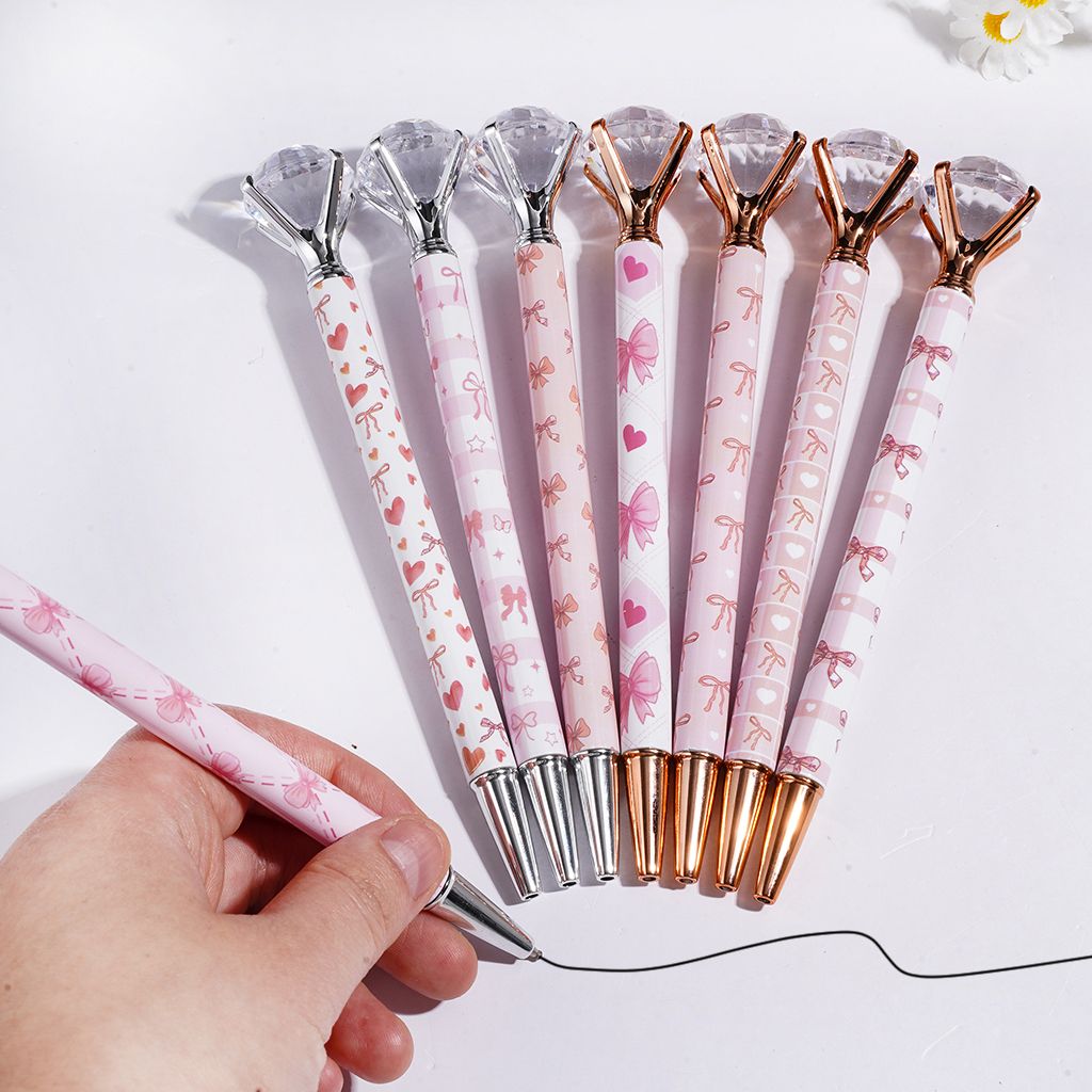 Clear Large Diamond Topped Beadable Pens with Pink Bowtie Prints, Silver and Rose Gold, Random Mix
